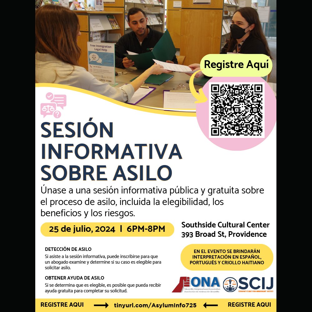 Fuerza_Laboral's tweet photo. August 10:
The @SCIJimmigration and @OnaProvidence  are holding a free asylum clinic to help people in Rhode Island complete their asylum applications! This is RI’s first-ever, large-scale pro se asylum clinic!
Tel: (774) 253-6840
Website: https://t.co/9kVZLGTshC https://t.co/tInfFaXW2s