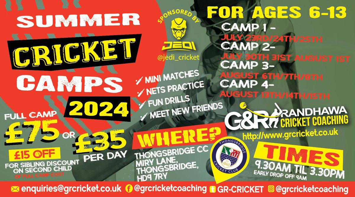Gurm Randhawa (@grandhawa92) on Twitter photo G&R Summer Camps
<a href="/ThongsbridgeCC/">Thongsbridge CC</a>
Live for Bookings🚨
⬇️
grcricket.co.uk/cricket-camps
•
Limited spaces on each camp
Book on fast!👍
Just 8️⃣ days to go🚨
⬇️
🚨Camp 1
July 23rd/24th/25th
🚨Camp 2
July 30th/31st/August 1st
🚨Camp 3
August 6th/7th/8th
🚨Camp 4
August 13th/14th/15th G&R Summer Camps
<a href="/ThongsbridgeCC/">Thongsbridge CC</a>
Live for Bookings🚨
⬇️
grcricket.co.uk/cricket-camps
•
Limited spaces on each camp
Book on fast!👍
Just 8️⃣ days to go🚨
⬇️
🚨Camp 1
July 23rd/24th/25th
🚨Camp 2
July 30th/31st/August 1st
🚨Camp 3
August 6th/7th/8th
🚨Camp 4
August 13th/14th/15th