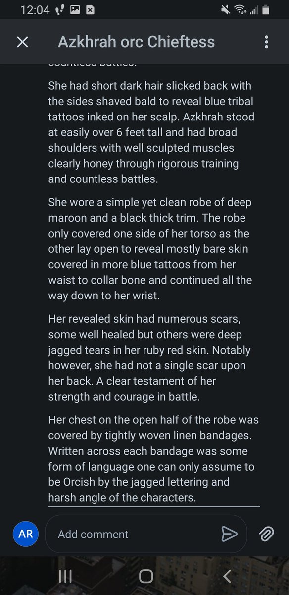 KotaSammi's tweet image. What do yall think of the physical description for a new side character for Winter Court Warlock? I know I've been gone for awhile but I'll be working on the new chapter as much as I can. 
#sidecharacter #novel #inkitt #wintercourtwarlock #wip #characterdesign #orc #chieftess