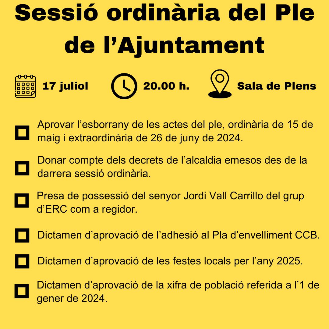 ERCAvinyo's tweet photo. 🟡 Dimecres tenim una nova sessió ordinària del Ple de l'Ajuntament.
.
📅 17 de juliol
🕗 20.00 h.
📍 Sala de Plens de l'Ajuntament
📽️ Ens podeu seguir en directe pel canal de Youtube de l'Ajuntament d'Avinyó.
.
#avinyo #erc #ple #ordinari https://t.co/6lgskZbWPh