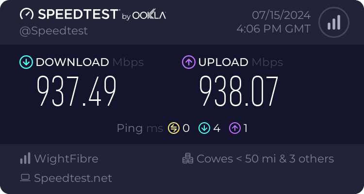 A random speed test with <a href="/WightFibre/">WightFibre</a> 
#fullfibre #isleofwight #broadband x