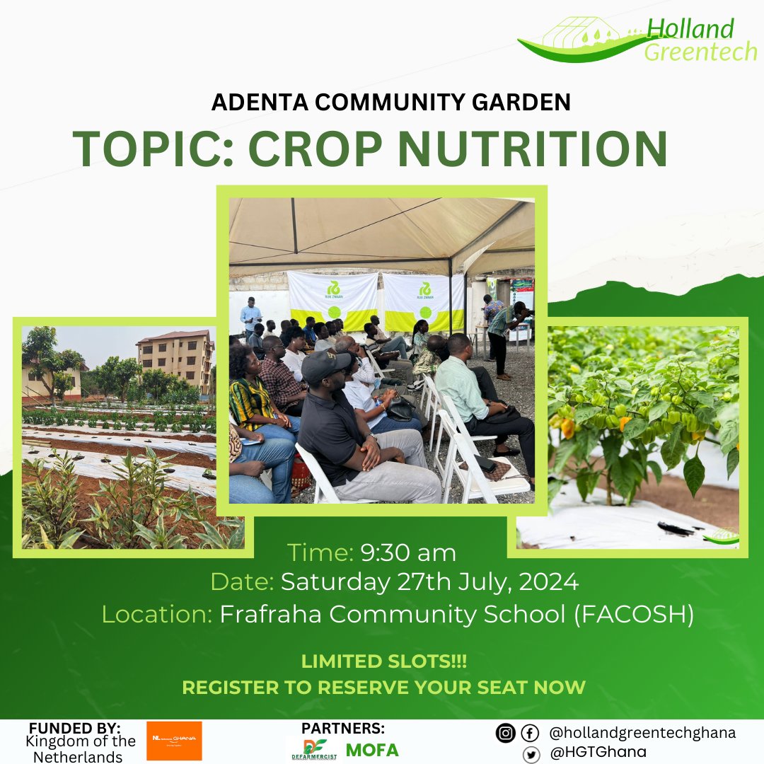 HGTGhana's tweet photo. Interested in farming as a Business? Do you know the right nutrients your crops need for effective yield?
Please click the link here to register: https://t.co/aY9mzGXFhq
Don't miss this for anything.
IT'S FREE!
#hgt #nladentacommunitygarden #defarmacist #farmingasabusiness https://t.co/qPpAax9LO3