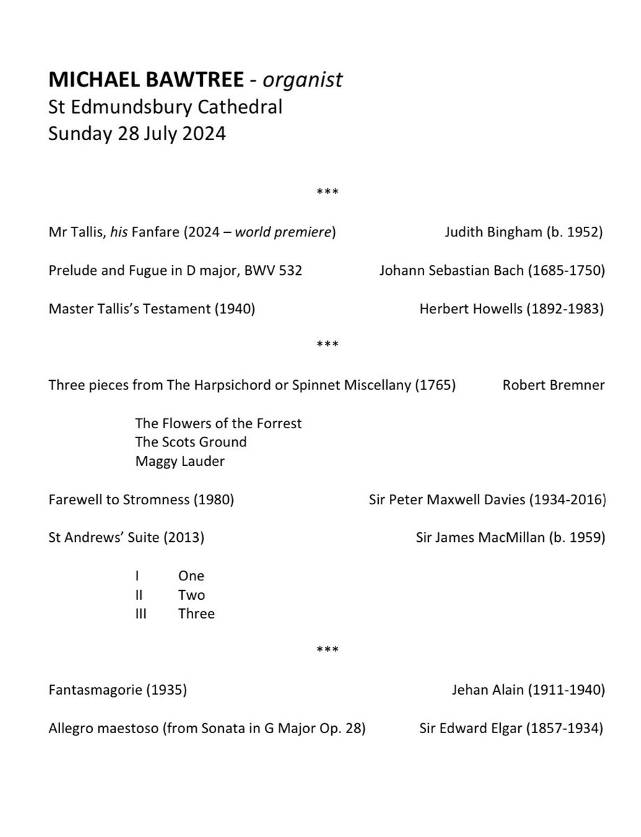 Very much looking forward to returning to St Edmundsbury Cathedral to give a summer organ recital, 25 years after arriving to work there. New commission from <a href="/binghamcomposer/">Judith Bingham OBE</a> &amp; music by Elgar, Howells, Bach and <a href="/jamesmacm/">James MacMillan</a>.

📅 Sun 28 July, 5-6pm
Free 🎟️ stedscathedral.org/events/summer-…