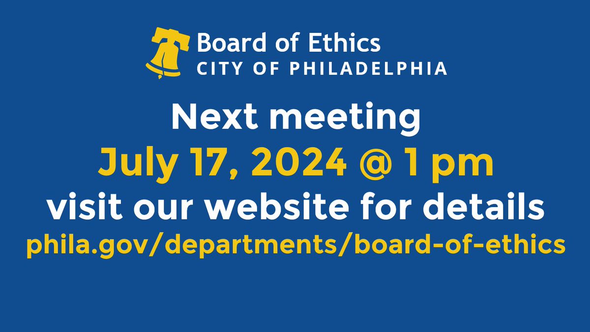 Our July Public Board Meeting will be held this Wednesday, 7/17 on the 18th Floor of One Parkway Building @ 1pm. You can attend in-person or via Zoom.  Meeting &amp; login info is with our agenda: ethics.pub/agenda