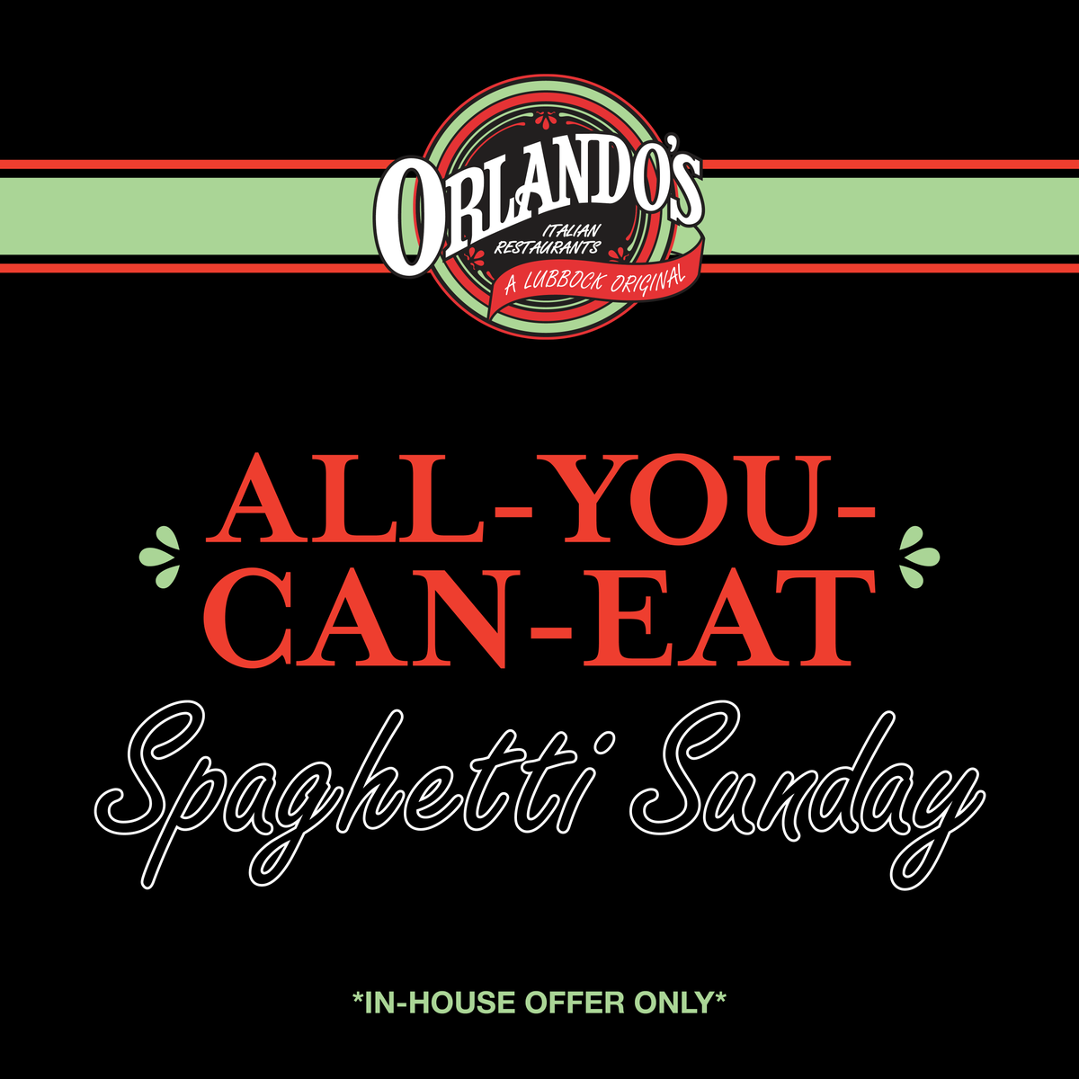 OrlandosItalian's tweet image. Join us for an All-You-Can-Eat Spaghetti Sunday! 🍝✨ Indulge in endless pasta and enjoy a deliciously good time with us. See you here! 
·
·
·
#SpaghettiSunday #FoodLovers #EatLocal #LubbockRestaurant