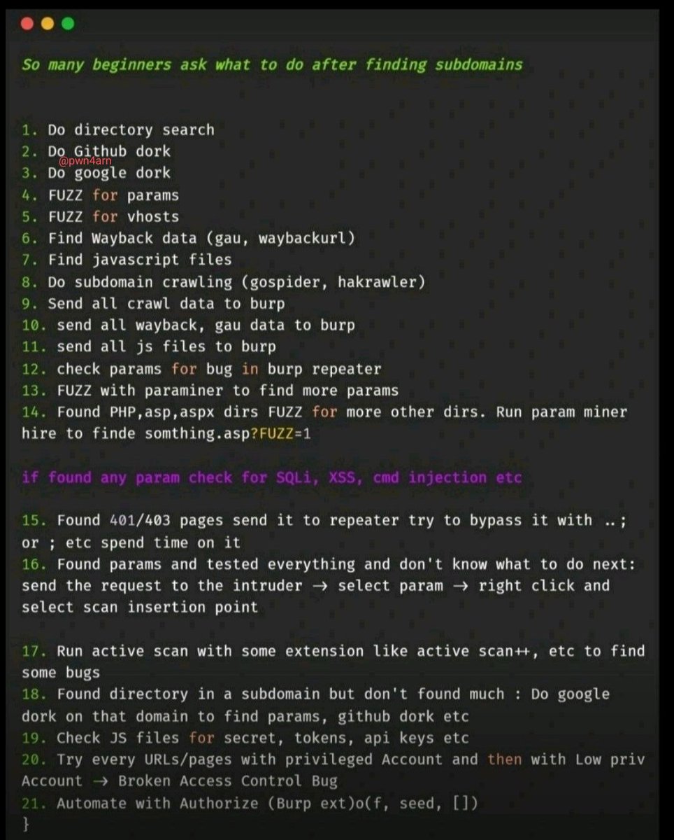 pwn4arn's tweet photo. Things To do After find Subdomains ! https://t.co/vZnielZQ9r