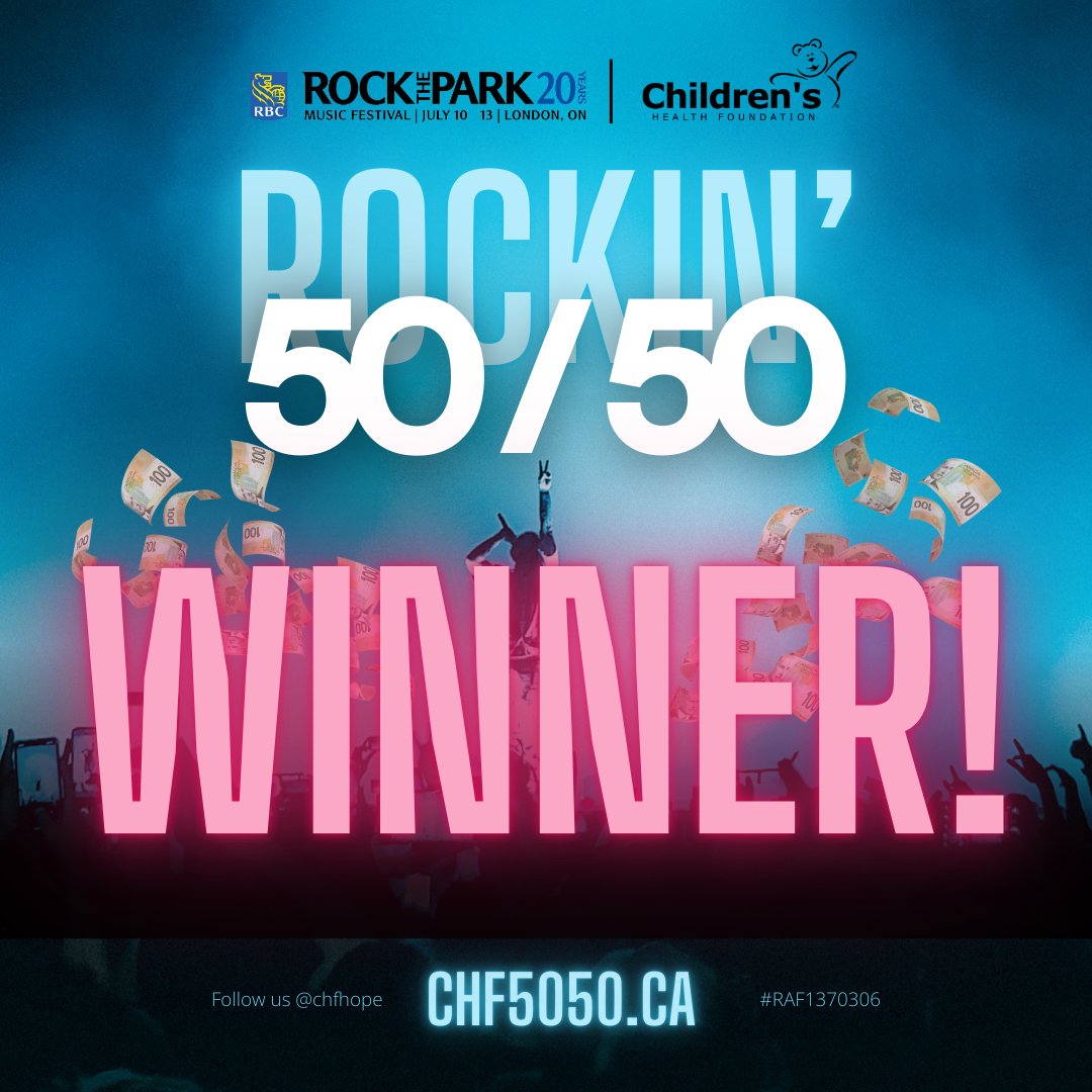 We're pleased to announce the winning ticket number for our RBC <a href="/RockTheParkLDN/">RBC Rock The Park</a> 50/50: RP-1682365

Our winner will receive $8,900!!!

If you have the winning ticket #RP-1682365, purchased July 11, please contact Jennifer Baxter at jbaxter@childhealth.ca.

Thanks for your support