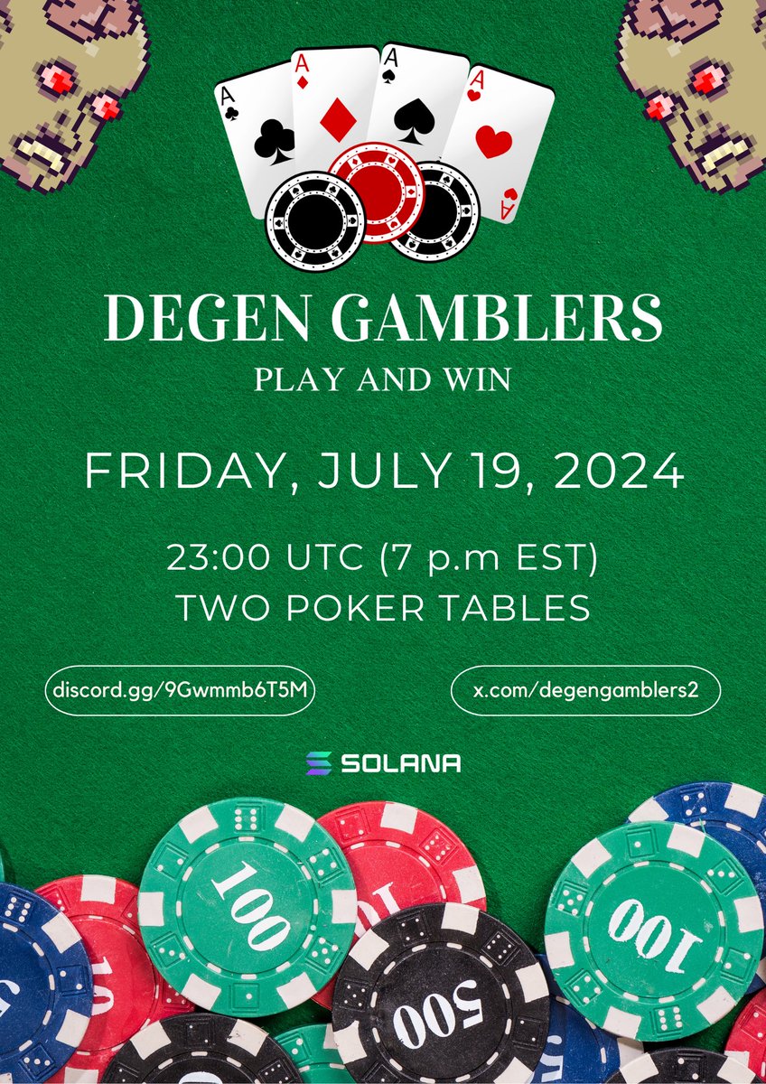 DegenGamblers2's tweet photo. 🚨 THIS FRIDAY 🚨

🍀💰Get ya bags ready and ya poker face on! 

Time to win some NFT and SOL ! 👀

https://t.co/P2cwhWYqLq https://t.co/rhG7C40ZRU