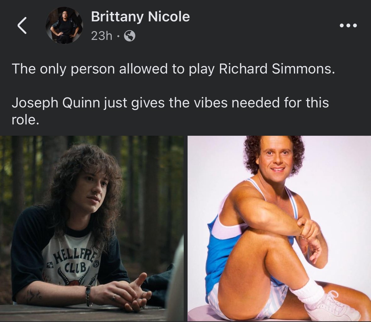 THE_B_NICOLE's tweet photo. It just makes sense. 

#richardsimmons #josephquinn #actor #movie https://t.co/Ay9eIR23dw