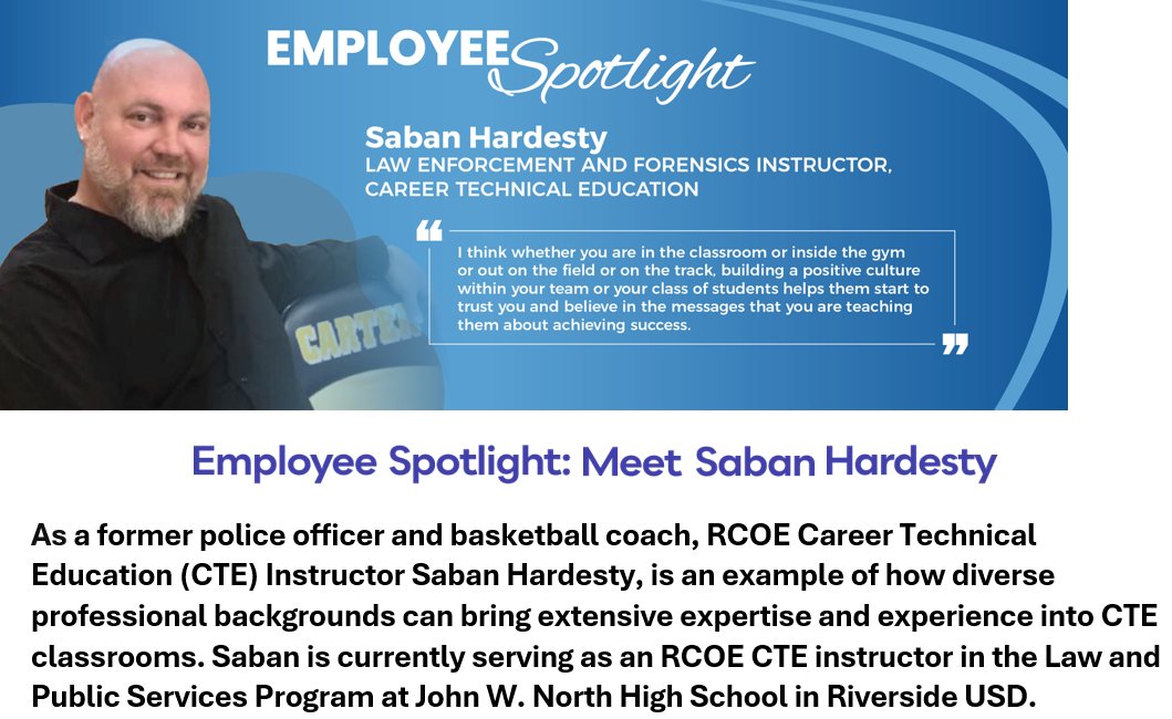 Riverside County Office of Education - CTE (@rcoecte) on Twitter photo <a href="/RCOE/">RivCo Office of Education</a> spotlights #CTE Law Enforcement & Public Services Instructor, Mr. Saban Hardesty! Mr. Hardesty teaches at <a href="/RiversideUSD/">Riverside Unified School District</a>'s <a href="/JWNorthHS/">Huskies</a>. Click ALT! <a href="/CTEWorks/">Advance CTE</a> <a href="/CaliforniaCTE/">California CTE</a> <a href="/NCLA_CTE/">NCLA</a> <a href="/RCOEALTEDU/">RCOE AltEdu</a> @SIPInclusion @GIA_Together <a href="/LAUNCH_IE/">LAUNCH Apprenticeship Network</a> <a href="/cte_iedrc/">IEDRC</a> <a href="/RCCD_WED/">Workforce and Economic Development at RCCD</a> <a href="/MSJCedu/">MSJC</a> <a href="/RCOE/">RivCo Office of Education</a> spotlights #CTE Law Enforcement & Public Services Instructor, Mr. Saban Hardesty! Mr. Hardesty teaches at <a href="/RiversideUSD/">Riverside Unified School District</a>'s <a href="/JWNorthHS/">Huskies</a>. Click ALT! <a href="/CTEWorks/">Advance CTE</a> <a href="/CaliforniaCTE/">California CTE</a> <a href="/NCLA_CTE/">NCLA</a> <a href="/RCOEALTEDU/">RCOE AltEdu</a> @SIPInclusion @GIA_Together <a href="/LAUNCH_IE/">LAUNCH Apprenticeship Network</a> <a href="/cte_iedrc/">IEDRC</a> <a href="/RCCD_WED/">Workforce and Economic Development at RCCD</a> <a href="/MSJCedu/">MSJC</a>