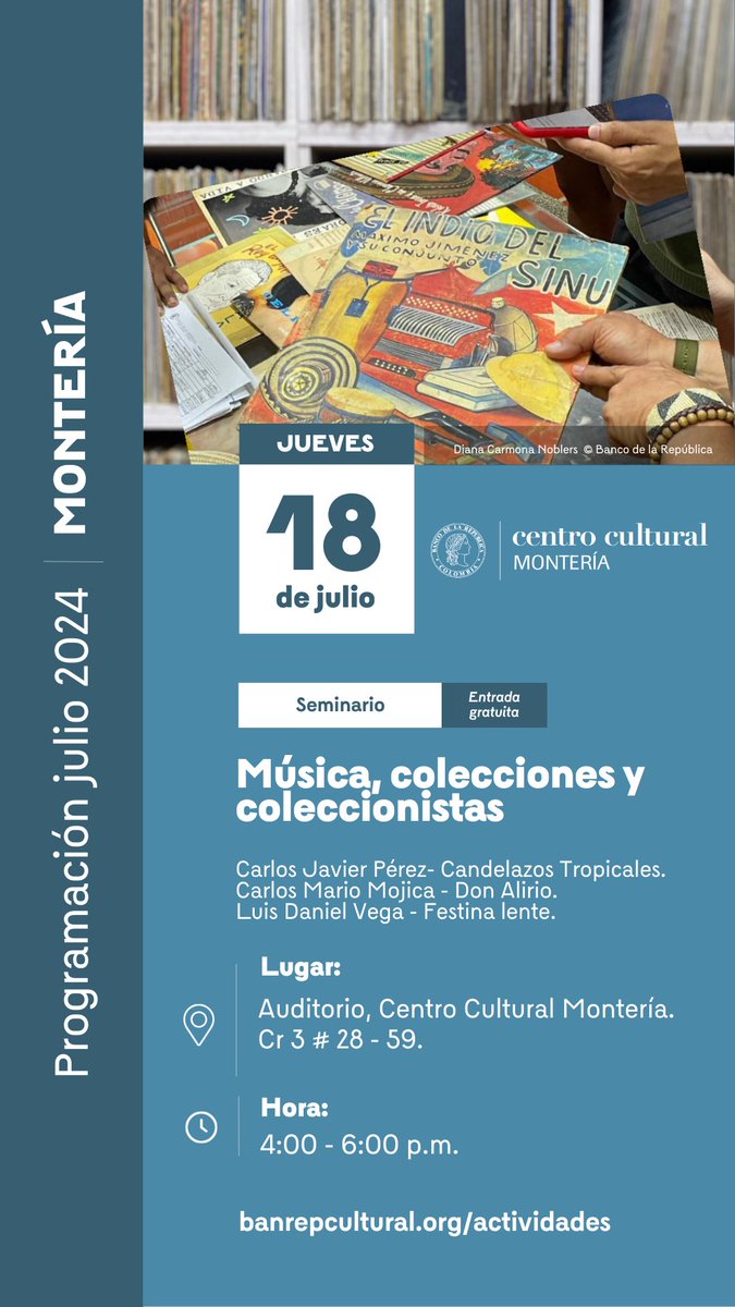 Si te gusta la música <a href="/Banrepcultural/">Banrepcultural</a> #Montería te tiene esta invitación para el jueves 18 de julio a las 4 pm con tres grandes coleccionistas <a href="/Candelazos/">Candelazos Tropicales</a> <a href="/don_alirio/">don_alirio</a> y FestinaLente.

Un plan imperdible.
 
Entrada libre hasta completar aforo, lleguen temprano. 😉