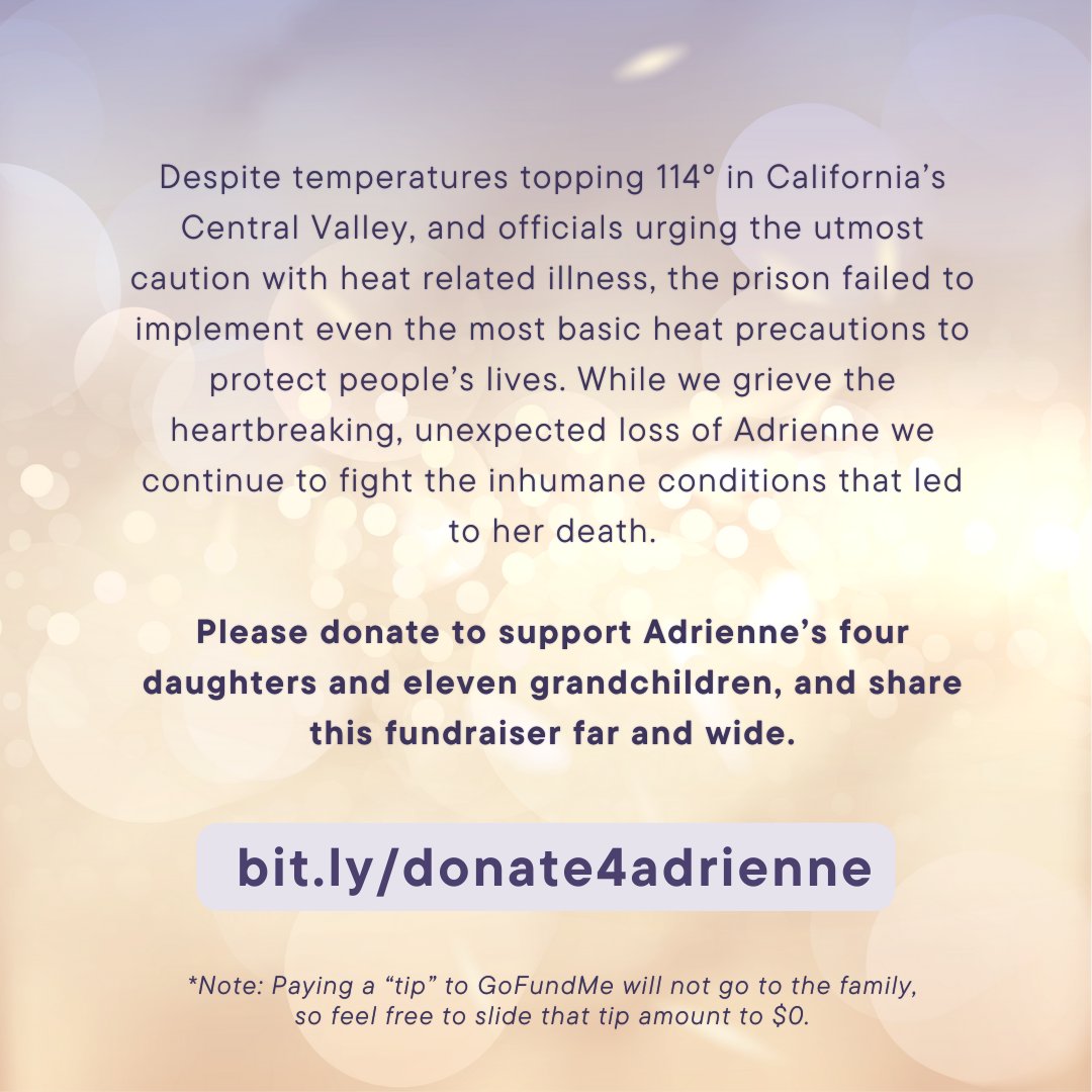 c_c_w_p's tweet photo. URGENT! Please support the family of Adrienne "Twin" Boulware who tragically died inside Central California Women's Facility amidst this dangerous heat wave and ongoing neglect. All donations go directly to the family.🕯️https://t.co/5tAg5O8vli https://t.co/8i1m8MfatB