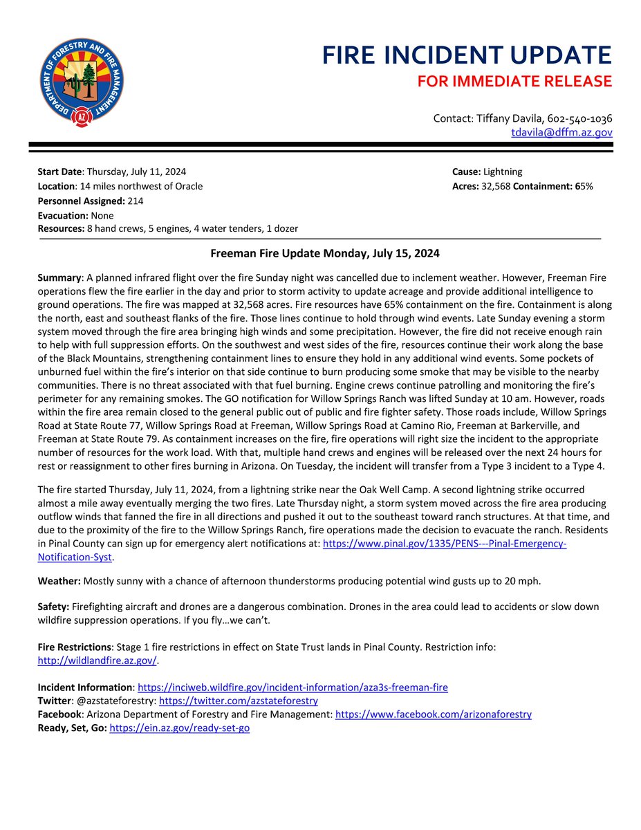 azstateforestry's tweet photo. #FreemanFire Update for Mon. 7/15/24:
The infrared flight scheduled for Sun. night was cancelled due to poor wx conditions. Ops flew the fire earlier in day & mapped it at 32,568 ac. It is 65% contained.
Some resources being released to allow for rest or reassignment to other fires burning across #AZ.
More info: https://t.co/vmeyhwFjo8
#AZFire #AZForestry