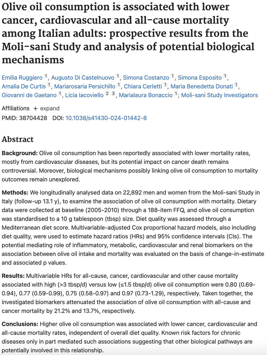 Effects of Consuming >30 grams of Olive Oil per day vs consuming <15grams/day:

20% decrease in all-cause mortality

23% decrease in cancer mortality

25% decrease in CVD mortality

<a href="/nicknorwitz/">Nick Norwitz MD PhD</a> 

pubmed.ncbi.nlm.nih.gov/38704428/