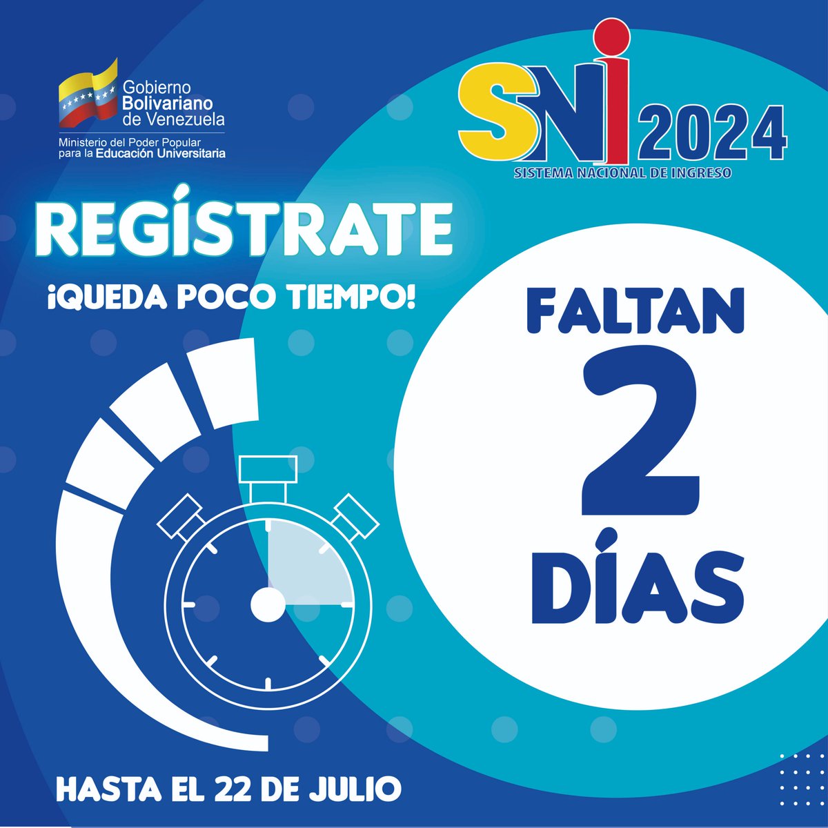 Quedan 2 días para que selecciones una carrera universitaria para tu futuro.  

Regístrate en el #SNI204 a través de ▶️sni.opsu.gob.ve 

Recuerda #TuEresElFuturoDeVenezuela