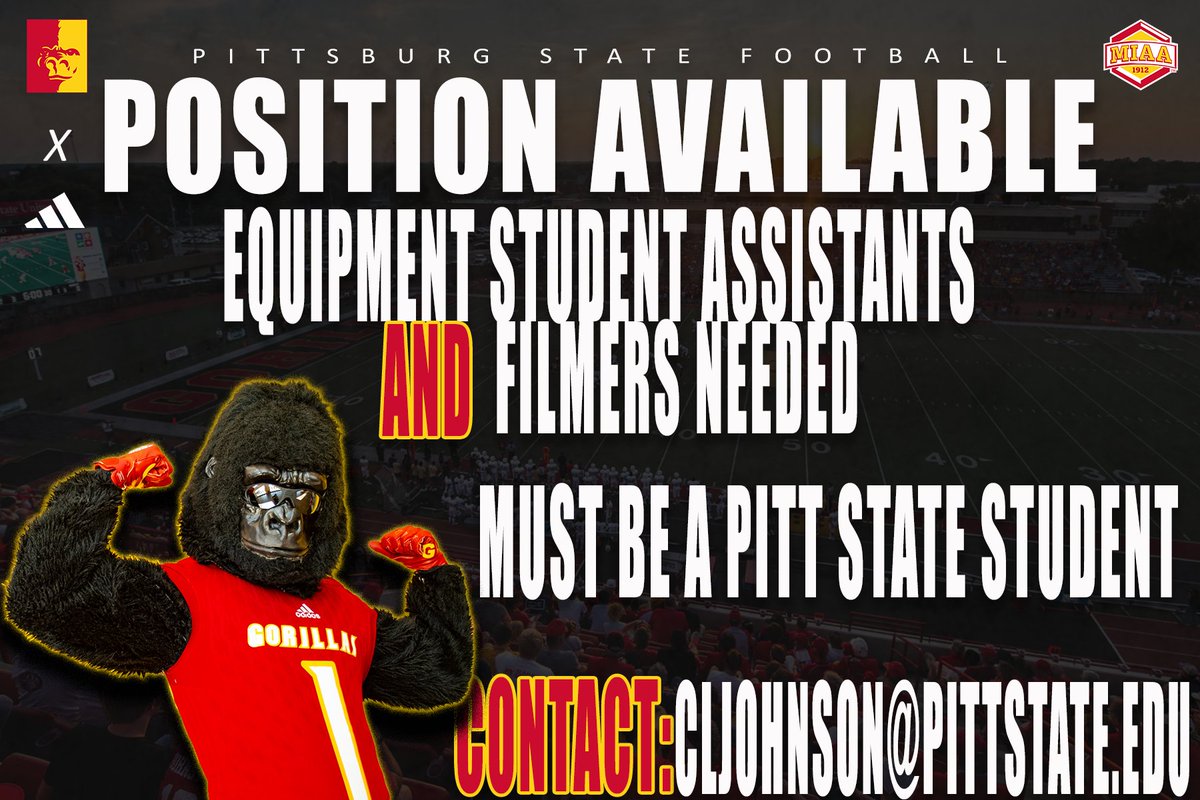 🚨We have positions available!🚨
We are looking for Equipment Student Assistants and Student Filmers!
Must be a Pitt State student!
Contact: Cljohnson@pittstate.edu for details! 🦍
#KOJ #GRIT
