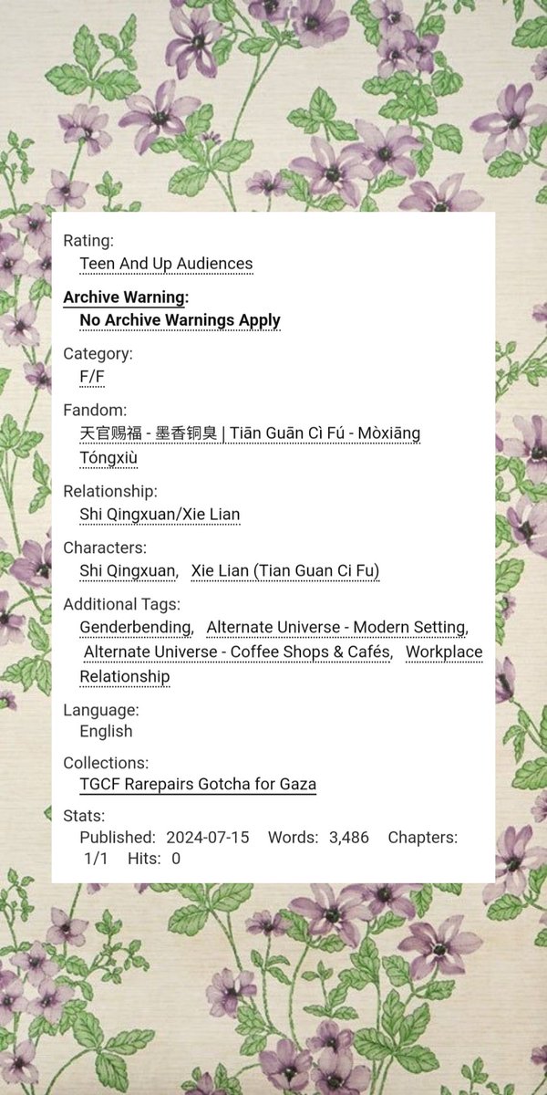 horrorfication's tweet photo. breath of fresh air
#flowerleaf #tgcf for @TGCFrare2Action
🌹 teen, 3.2k words
🍃 sqx hires xl as the florist for her café and ends up falling in love
🌹 sapphic gender bend. f/f.
🍃 workplace employee/boss relationship but trust me the vibes are wholesome
🔗 below https://t.co/wKfi202ptT
