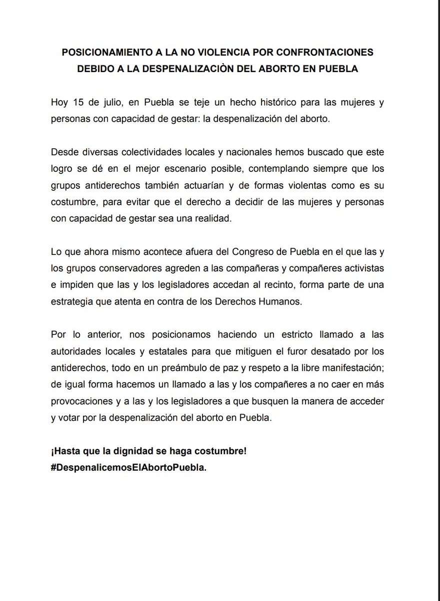 AbortoLegalPue's tweet photo. #POSICIONAMIENTO | Sobre las agresiones que los grupos antiderechos realizan para evitar la despenalización del aborto en Puebla: https://t.co/HoNDtvzKzt