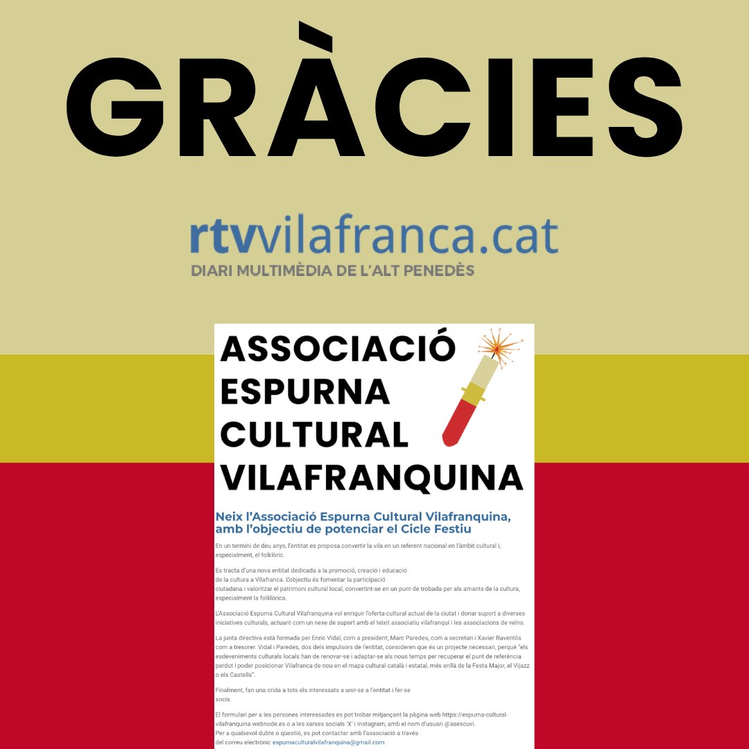 asescuvi's tweet photo. 💥Si vols formar part del nostre projecte i organitzar nous actes culturals durant l'any a Vilafranca, contacta amb nosaltres!

📥Fer-se soci o sòcia és completament gratuït!

#VilafrancaDelPenedès #EspurnaCultural #ESCUVI

(2/2) https://t.co/tBS7w9WL75