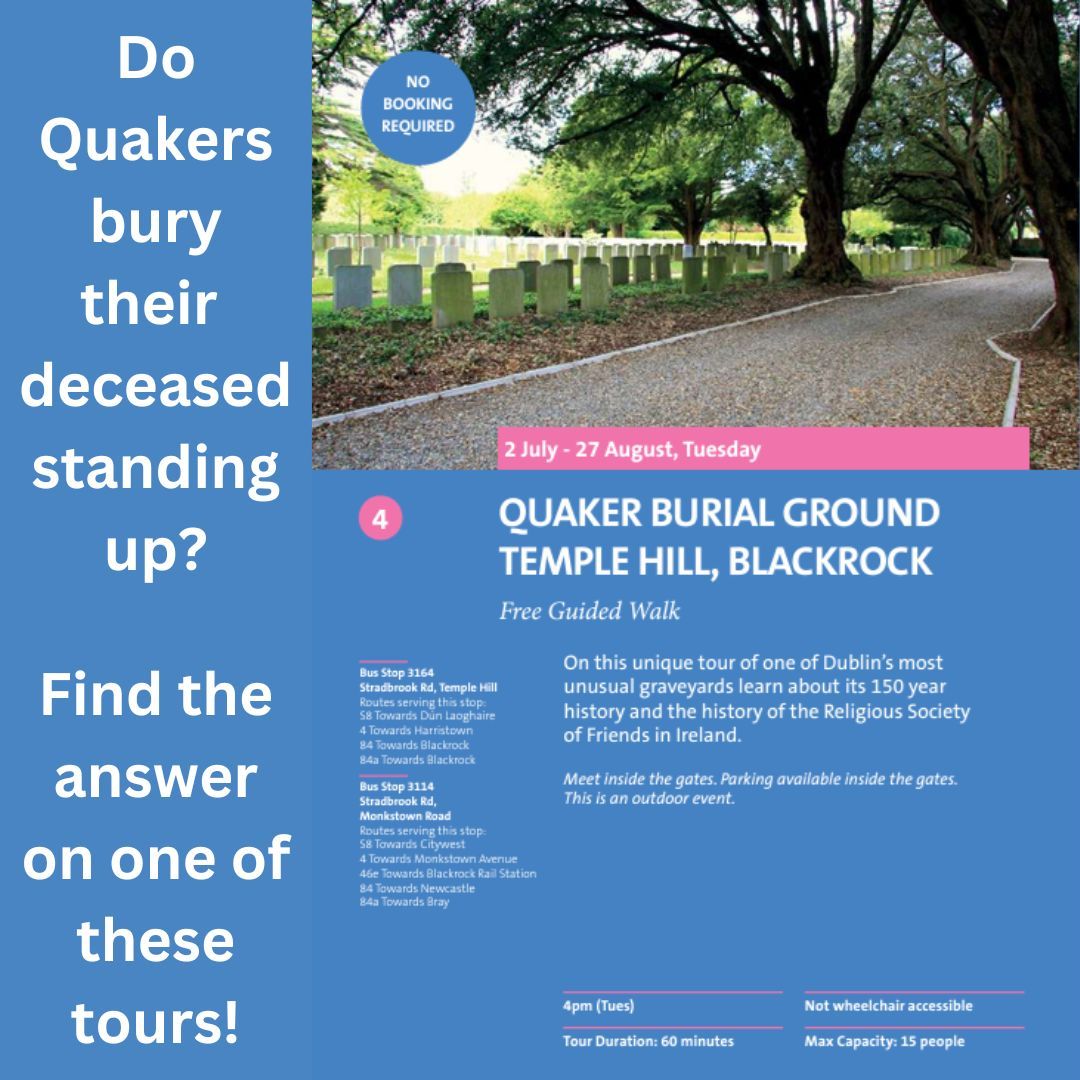 DAQCFriends's tweet photo. Are Quakers buried standing up?
Find the answer to this and other questions on a tour of Temple Hill Burial Ground, Blackrock, Co Dublin.  Every Tuesday at 4pm until the end of August

#DAQC #QuakersDublin #FaithinAction https://t.co/thWYsXShNL