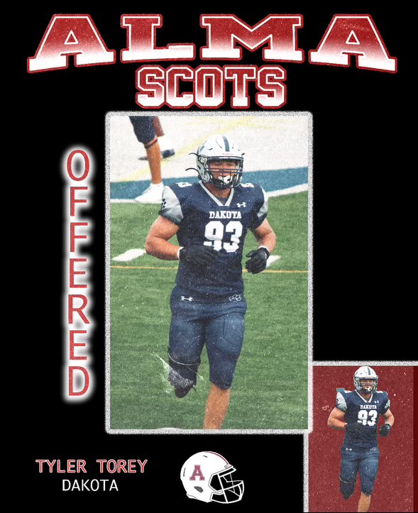 TylerTorey's tweet photo. AGTG after an amazing conversation with @CoachCouchAlma I am blessed to receive an offer from @AlmaScotsFB! GO SCOTS! @DakotaFootball @CoachJasonBaur @prepstar360 @CSAPrepStar @TheD_Zone @MIexposure https://t.co/XfkaX51oo9