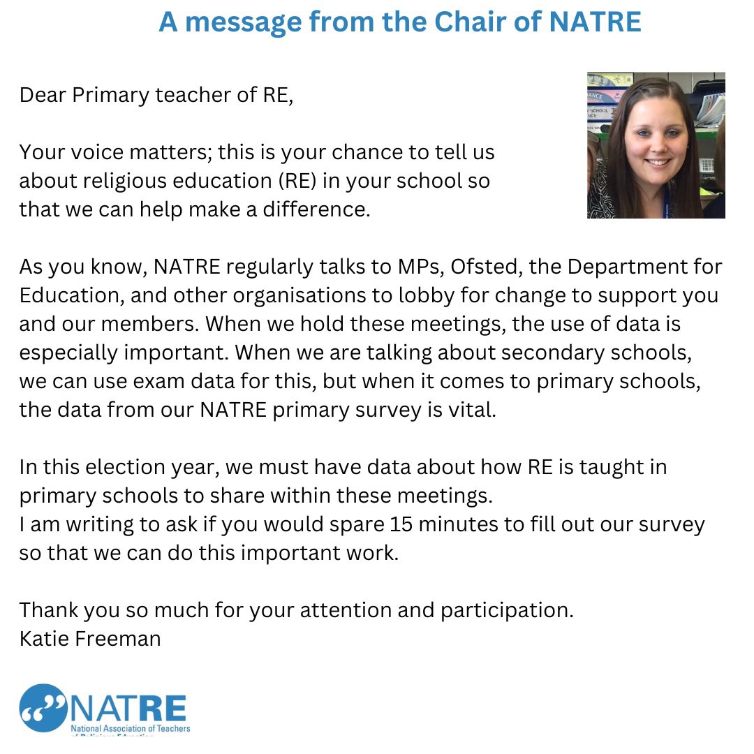 Last chance to make your voice heard. Please complete the primary survey on RE so that we have the information we need to lobby in your behalf and support the work you do in schools. The deadline is 31/07/24
surveymonkey.com/r/NATREPrimary…