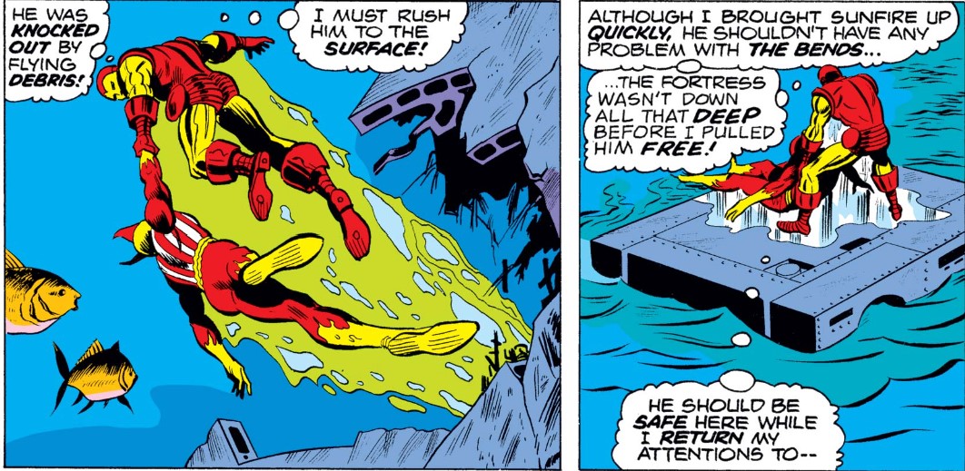 MarvelADay's tweet photo. #MarvelADay #IM69
Iron Man makes a brief detour to save Sunfire from drowning but gets blasted in the back by the Mandarin for his troubles. Mandarin knows about Iron Man's heart troubles but hasn't connected the dots on him being Tony, unless I've missed something.
JH https://t.co/hWp2M4D9tF