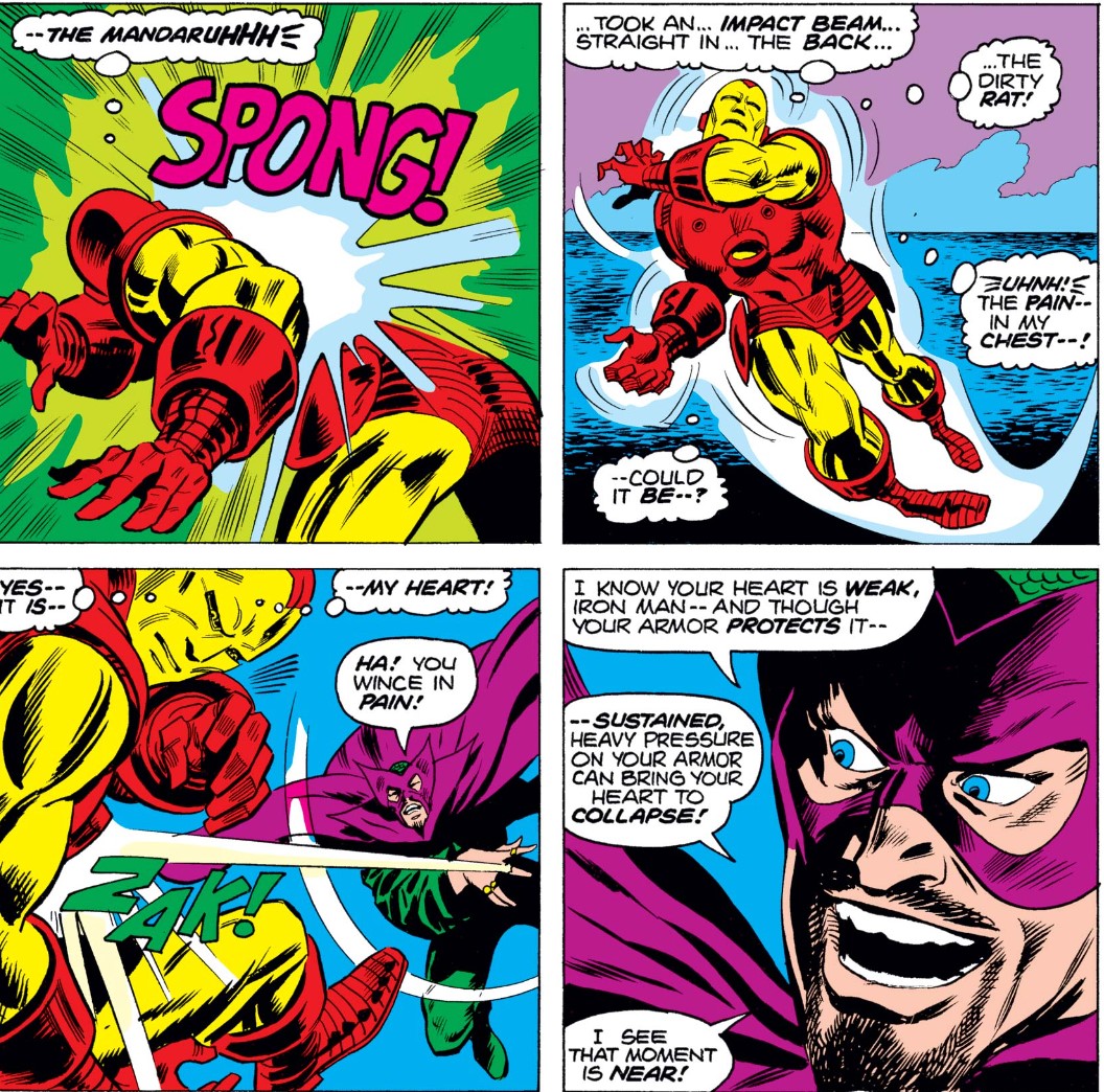 MarvelADay's tweet photo. #MarvelADay #IM69
Iron Man makes a brief detour to save Sunfire from drowning but gets blasted in the back by the Mandarin for his troubles. Mandarin knows about Iron Man's heart troubles but hasn't connected the dots on him being Tony, unless I've missed something.
JH https://t.co/hWp2M4D9tF