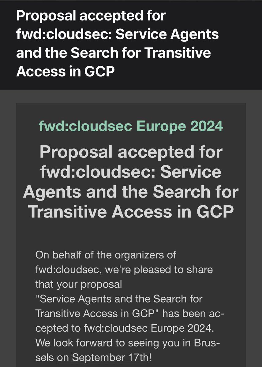 Thrilled to say I’ll be speaking at <a href="/fwdcloudsec_eu/">fwdcloudsec EU</a> this September on new #GCP research covering Service Agent abuse. 
Hope to see you there!