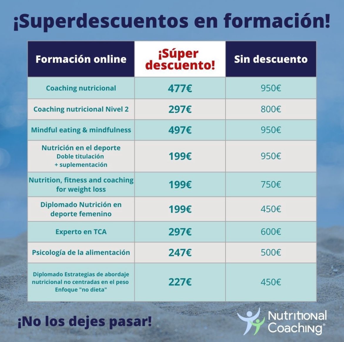 Superdescuentos en nuestra formación online!. Aprovecha el precio, sólo hasta el dia 22 de julio.
Inscripción en el enlace  institute.nutritionalcoaching.com/categoria/curs… o escríbe a info@nutritionalcoaching.com
