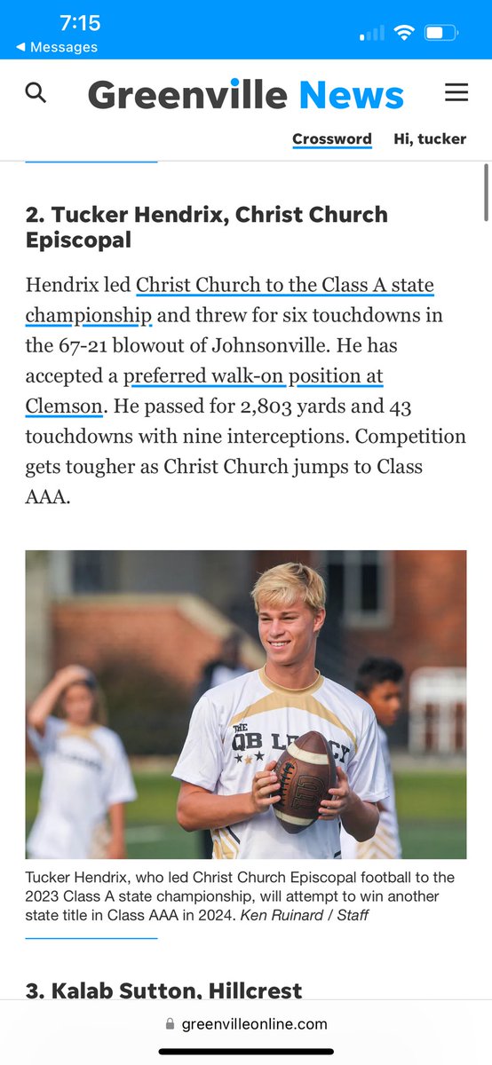 TuckerHendrix4's tweet photo. Thank you to @GreenvilleNews and @ToddShanesySHJ for the write up and ranking of the best quarterbacks in the upstate. 
@HatfieldQuin @Todd_C_08 @amanirichburg88 @Jdjacks45 @qbcoachrr17 @LegacyQb @ClemsonFB @CoachGRiley @TajhB10 @SorrellsJordan https://t.co/MtgSMl2LT7