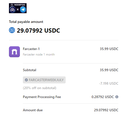 nodefog's tweet photo. The last day for Farcaster Week Discount!
Code: FARCASTERWEEKJULY
If you want to deploy Farcaster node easily,
Check Nodefog TG Bot: https://t.co/re9njiX3n9
#Farcaster #Nodefog #DePin #oneclicknode #onestepnode #airdrop