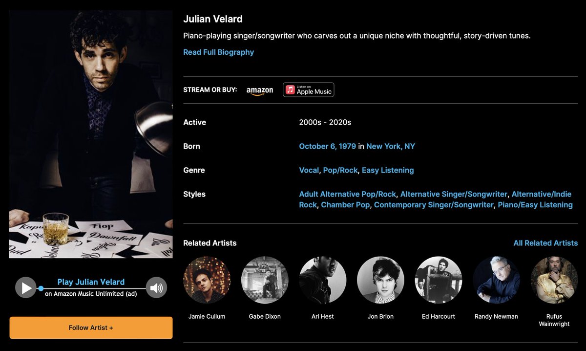 julianvelard's tweet photo. Big music nerd day: finally received an update to my #allmusicguide biography courtesy of @Sir__Duque.
You can read his entry here - https://t.co/cyA0T1A1AV
Ngl one of my earliest dreams was having my own entry in their annals. 21 years after my first album, it’s arrived! https://t.co/NWFhsdVEHj