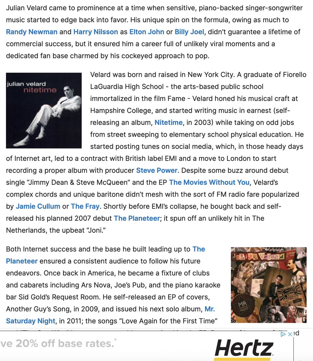 julianvelard's tweet photo. Big music nerd day: finally received an update to my #allmusicguide biography courtesy of @Sir__Duque.
You can read his entry here - https://t.co/cyA0T1A1AV
Ngl one of my earliest dreams was having my own entry in their annals. 21 years after my first album, it’s arrived! https://t.co/NWFhsdVEHj