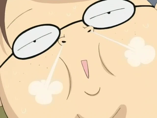 Anime character emitting two puffs of steam through their nostrils, while looking relieved.