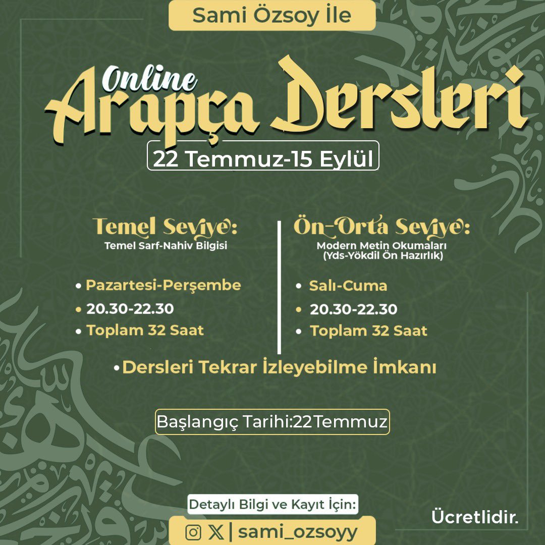 📢 DERS DUYURUSU VE ÇEKİLİŞ📢

Sevgili dostlar, birbirinin devamı niteliğinde “temel seviye” ve “orta seviye” Arapça kurslarımız için başvurular başlamıştır. 

Bu gönderiyi retweetleyip beğenen iki kişiye dilediği seviyeden kurs hediye edeceğim.

Başvuru formu sonraki tweette👇🏼