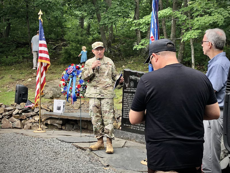On Saturday July 13 the Holyoke B-17 Memorial Committee held an annual remembrance ceremony at Mt. Tom.  Colonel Jordan Murphy, 439th Maintenance Group commander, was a featured speaker.  2024 was the 78th anniversary of the crash.  (Photo Dave Canton, Springfield Republican)