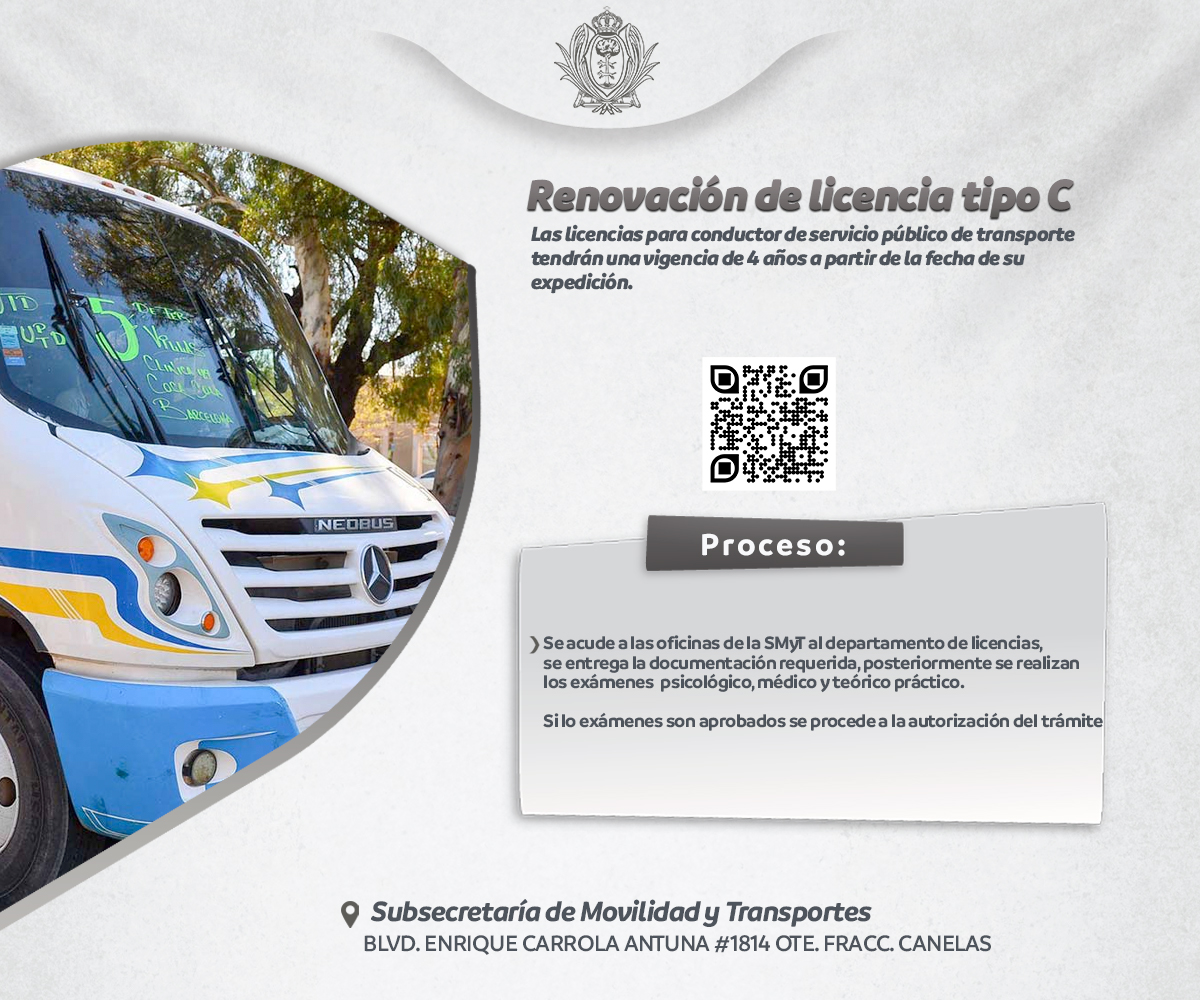 SGGDurango's tweet photo. #TrámitesyServicios 🪪 | ¡Recuerda!, en el departamento de licencias de la #SMyT puedes tramitar la renovación de tu licencia tipo C, la cual tendrá una vigencia de 4 años a partir de la fecha de expedición. Escanea el código QR en la imagen para conocer los requisitos. 📶 https://t.co/MEgUeFexsL