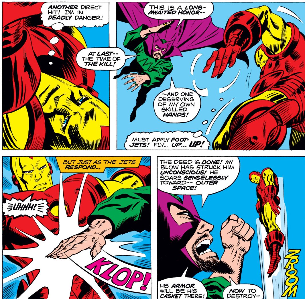 MarvelADay's tweet photo. #MarvelADay #IM69
I remember thinking it was kind of dumb that the Mandarin's son could hurt Iron Man with karate chops, but it turns out there's a longstanding precedent!  One chop to the chest and Tony is knocked out.  Now it's time for the Mandarin to deal with Yellow Claw.
JH https://t.co/Dka2TFK8vy