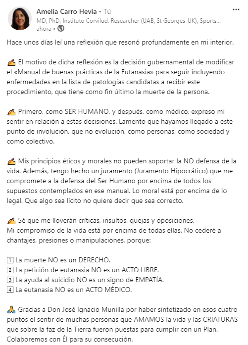 espacioayeya's tweet image. Esos días en los que tus sentimientos son entonados por las palabras de buenas personas.
1️⃣ La muerte NO es un DERECHO
2️⃣ La petición de eutanasia NO es un ACTO LIBRE
3️⃣ La ayuda al suicidio NO es un signo de EMPATÍA
4️⃣ La eutanasia NO es un ACTO MÉDICO
Gracias @ObispoMunilla