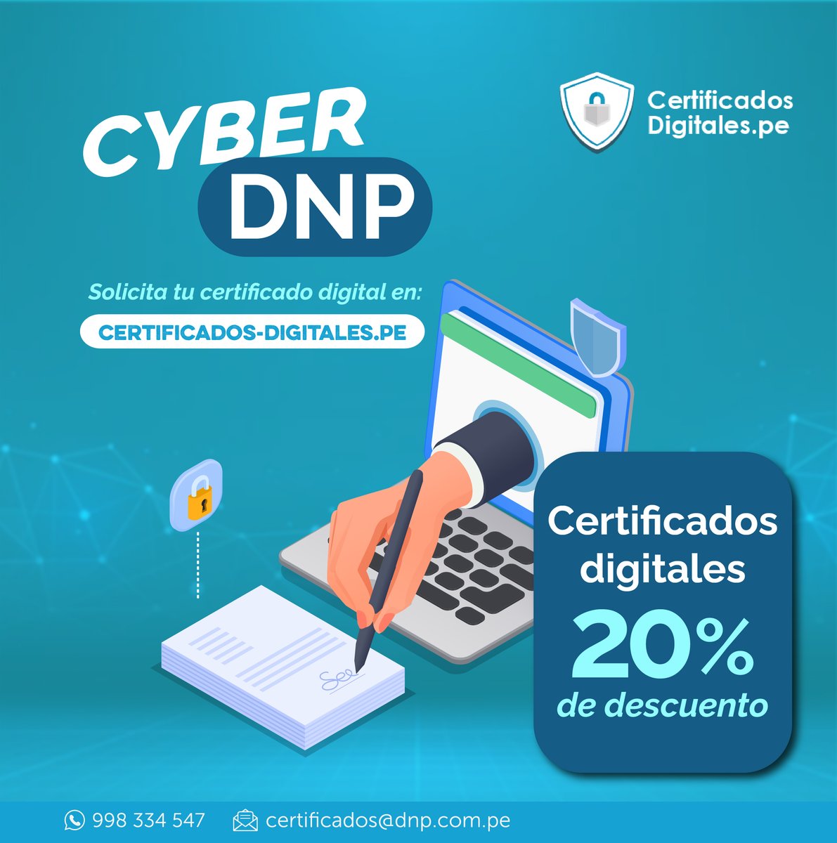 certificadosDNP's tweet photo. CYBERDNP: 20% de descuento en certificados dgitales. Solicita nuestros certificados a nuestro mejor precio del año! Válido del 15 al 19 de julio del 2024 

🌐: https://t.co/ubsuzUrTBf

#facturacionelectronica #certificadodigital #sunat #indecopi #SSL #firmadigital #cyberperu https://t.co/j9kwnEGyOR