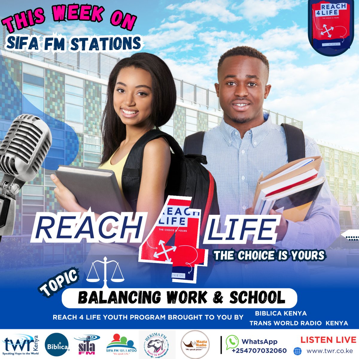 twrkenya's tweet photo. Are you employed/self employed & astill in school? How do you strike a balance between school & work? School or work which one comes first?
This week on our #SifaFMStations join Junaya & Libby in the #Reach4Life Radio program as they delve into this life situation https://t.co/4mzfx96rp7