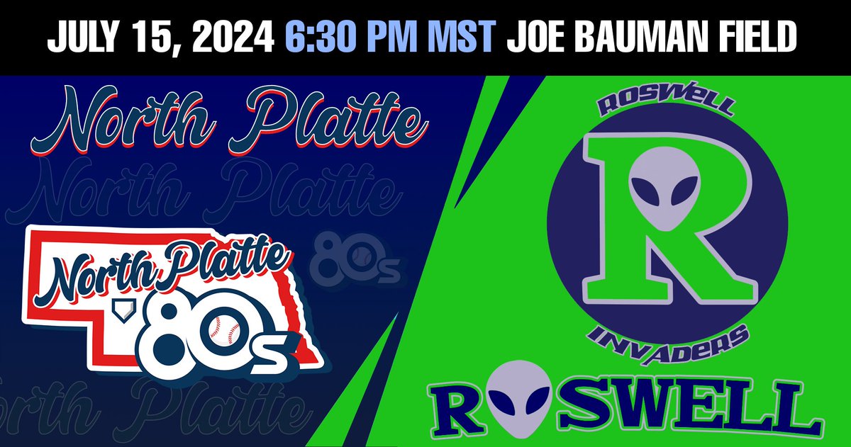 roswellinvaders's tweet photo. North Platte 80s at Roswell Invaders at Joe Bauman Field.
7/15/2024  6:30:00 PM MST
Pecos League Baseball.  

Tickets $10 at https://t.co/Td1l6arhhs

Watch Live at https://t.co/KAclTz6zBk https://t.co/uKhfSyClD4