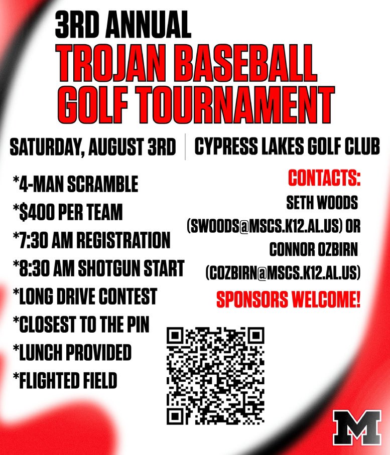 MSHS_BSB's tweet photo. We are just under 2 weeks from our 3rd annual Trojan Baseball Fall Classic. Please scan the QR code if you are interested in playing in the tournament or sponsoring the event! https://t.co/5DL90hd30V