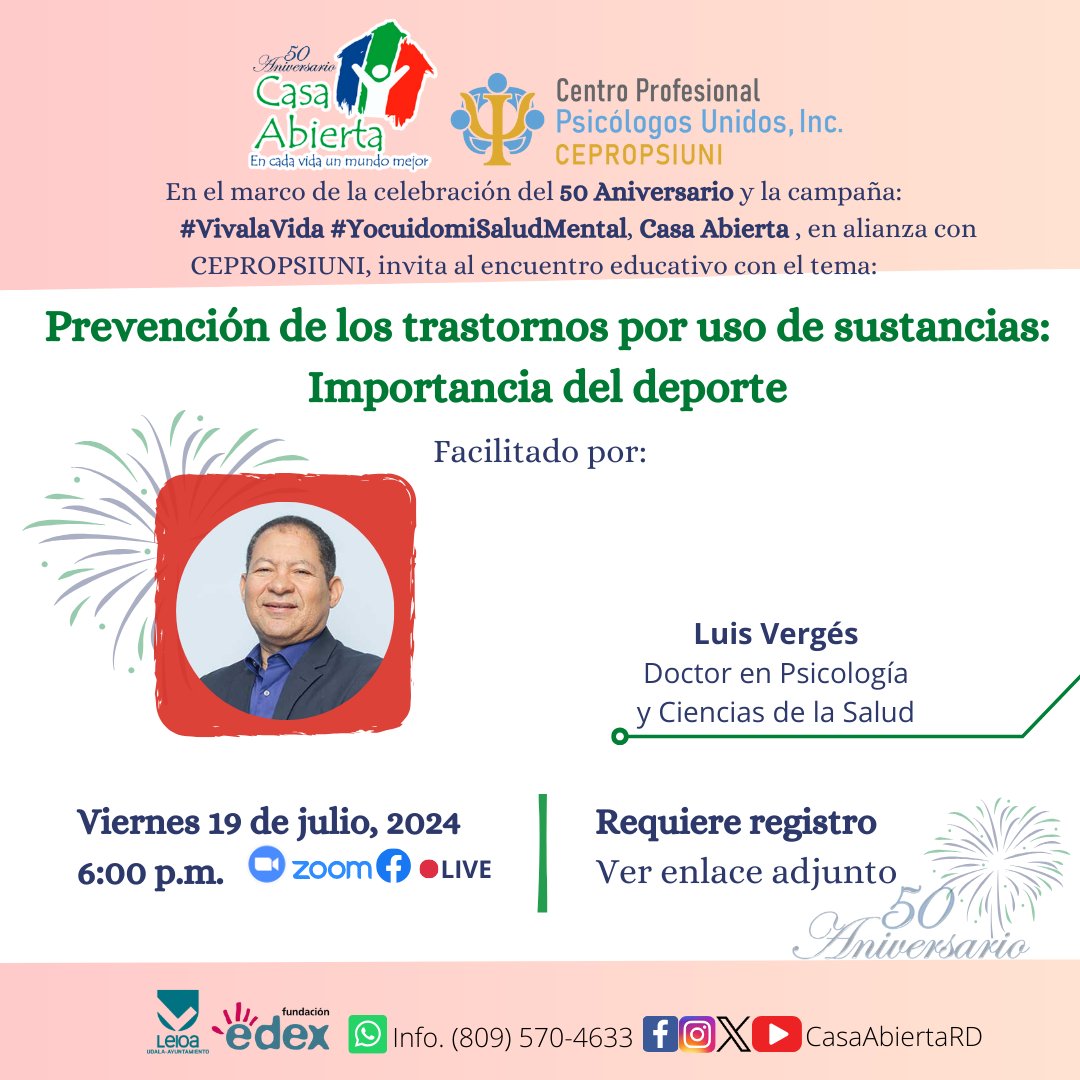 En el marco de la celebración del #50Aniversario, #CasaAbiertaRD invita al encuentro educativo ''Prevención de los trastornos por uso de sustancias: importancia del deporte'' viernes 19 de julio, a las 6:00 P.M.

Registro 👇
📌 us02web.zoom.us/meeting/regist…