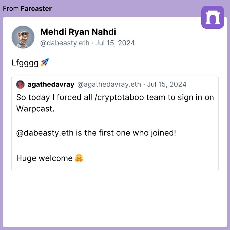 I've just landed on <a href="/warpcast_/">Warpcast</a> and joined  @yarvadehtaga !!🪂

Follow us on this Web3 SocialFi platform to have access to marketing insights and learn how our digital marketing agency, Crypto Taboo, can help you grow your project's digital presence and reach your targets. 🚀🔥
