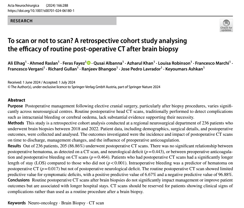 KingsNeuro's tweet photo. Publication Alert!
"To scan or not to scan": A retrospective cohort study analysing the efficacy of routine post-operative CT after brain biopsy in @ActaNeuro .

Read more: https://t.co/gsRMfjh17L
👉@aelhagSN @lavrador_jose https://t.co/0aoKS75WND