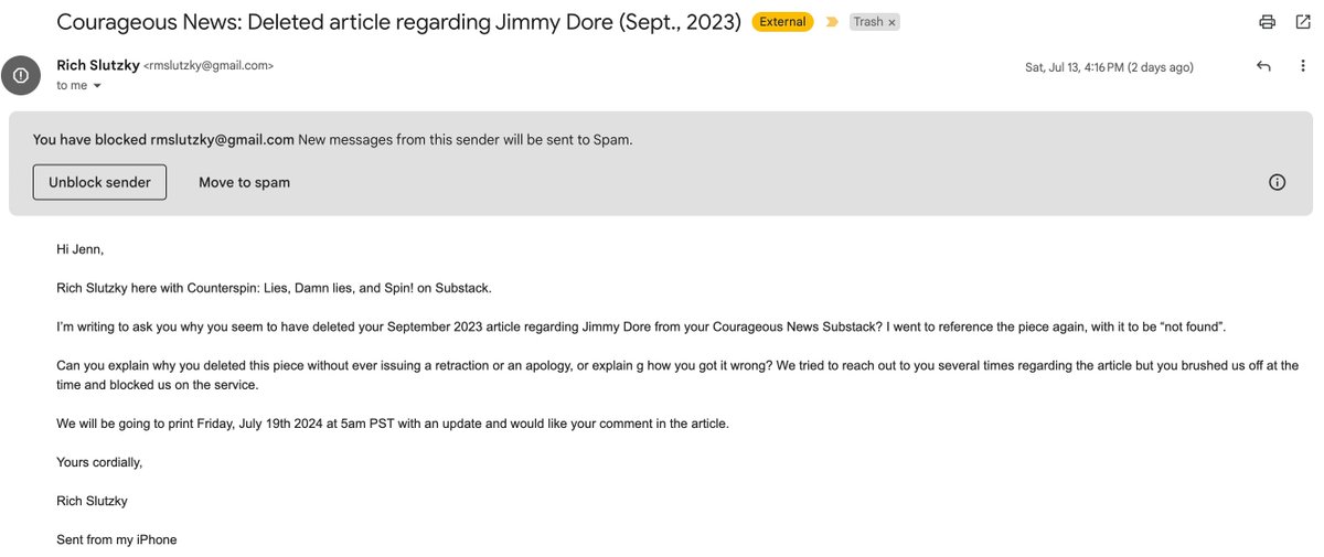 jennelizabethj's tweet photo. @jimmy_dore Today I received yet another delusional harassing message from Slutzky. He's been blocked again through my email. Again, simply publicly marking. https://t.co/FRALk9qE0m