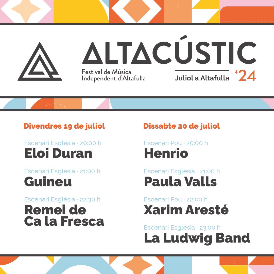altacustic's tweet image. 📢 Aquest divendres arrenca l’#Altacústic2024! 📍Us esperem a la Vila Closa d’#Altafulla‼️

🗓️ Divendres, 19/07: @eloiduran4, @WGuineu i @remeifresca 
🗓️ Dissabte, 20/07: @HENRIOmusic, @pvallsb, @xarimareste i @LaLudwigBand 

🆓 Entrada amb accés lliure
ℹ️ altacustic.cat