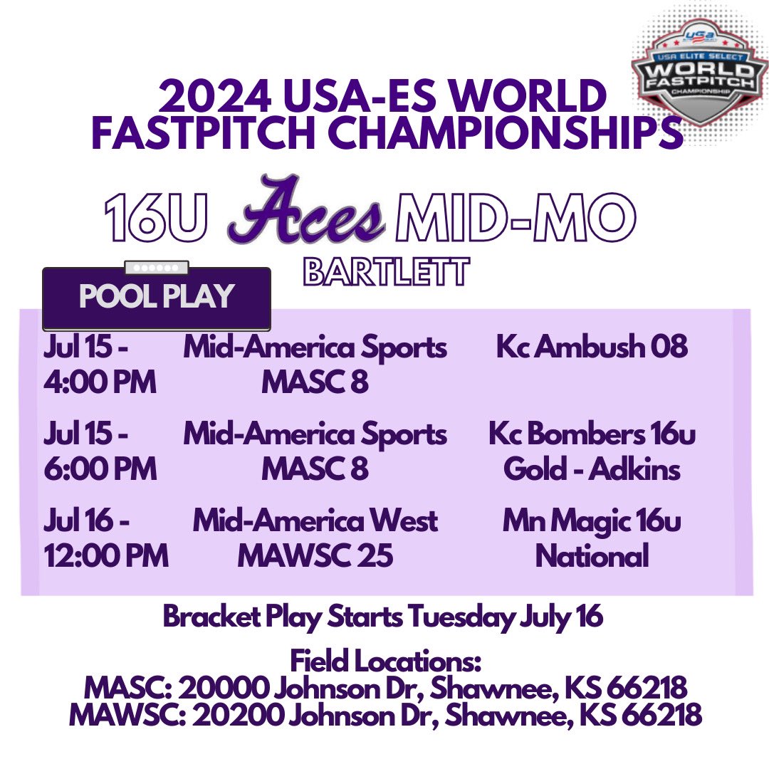 Ending the season in KC this week at the World Fastpitch Championships. I’m excited to compete and finish the season off strong! Go Aces!! 💜 <a href="/AcesFPMidMO/">Aces Fastpitch (Mid-MO)</a> <a href="/tbartlett76/">Taylor Bartlett</a>